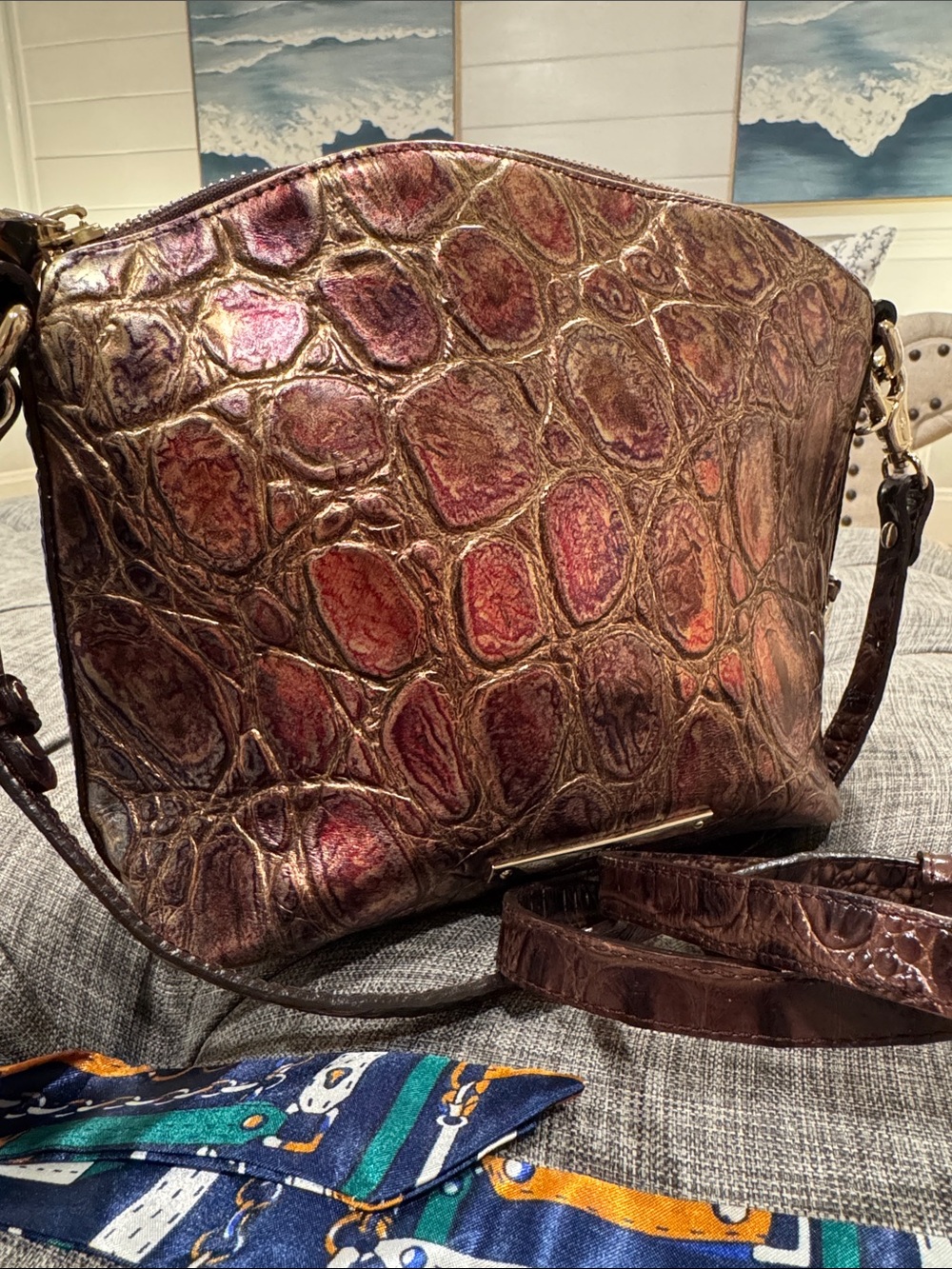Brahmin Bag Supernova Melbourne Lorelei Bronze Metallic Croc-Embossed Crossbody - Picture 3 of 17